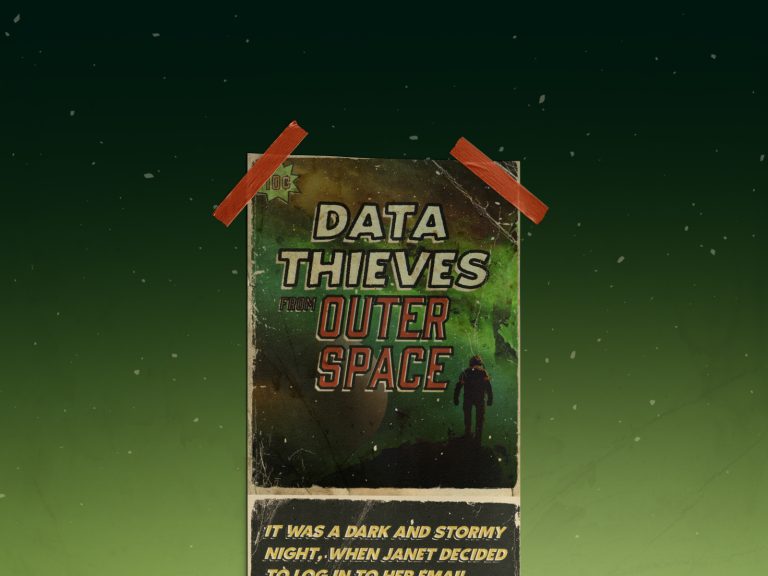 Retro-style sci-fi poster titled "Data Thieves from Outer Space" taped to a wall with red tape, featuring a lone figure silhouetted against a cosmic green backdrop, evoking a narrative of intergalactic cyber threats.