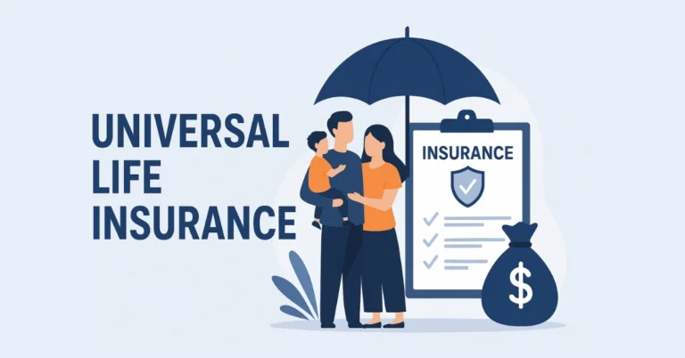 Illustration of a family standing under a large umbrella beside an insurance document and a money bag, symbolizing financial security and protection with universal life insurance.