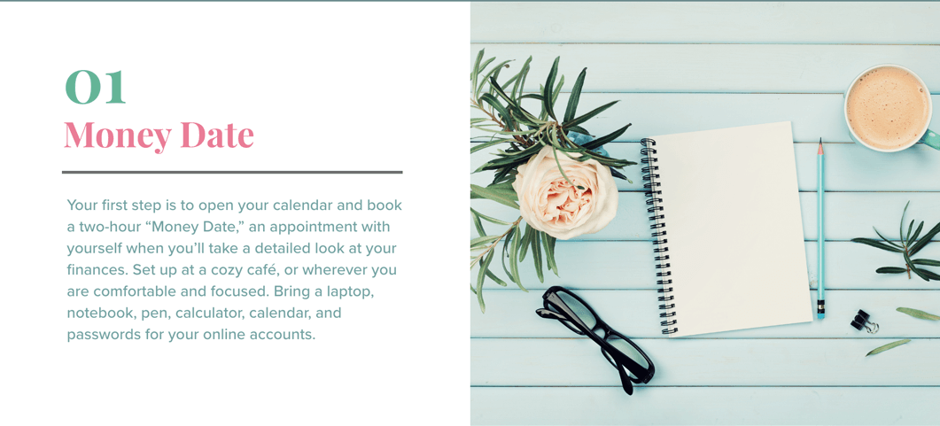 Text against white, opposite image of notepad and pen, and other accouterments. Text: 1. Money Date. Your first step is to open your calendar and book a two-hour “Money Date,” an appointment with yourself when you’ll take a detailed look at your finances. Set up at a cozy café, or wherever you are comfortable and focused. Bring a laptop, notebook, pen, calculator, calendar, and passwords for your online accounts.