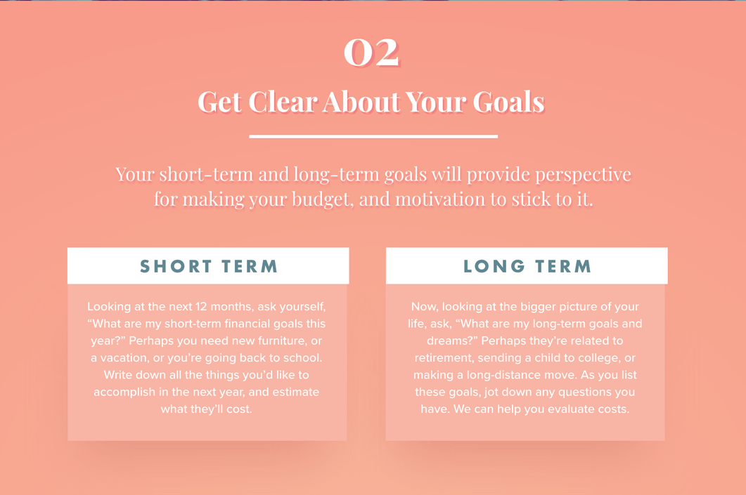 Text against salmon colored background: 2. Get Clear About Your Goals. Your short-term and long-term goals will provide perspective for making your budget, and motivation to stick to it. Short Term: Looking at the next 12 months, ask yourself, What are my short-term financial goals this year? Perhaps you need new furniture, or a vacation, or you’re going back to school. Write down all the things you’d like to accomplish in the next year, and estimate what they’ll cost. Long Term: Now, looking at the bigger picture of your life, ask, What are my long-term goals and dreams? Perhaps they’re related to retirement, sending a child to college, or making a long-distance move. As you list these goals, jot down any questions you have. We can help you evaluate costs.
