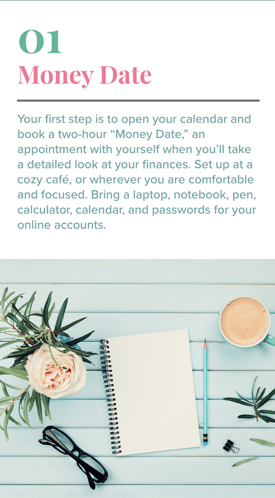 Text against white, opposite image of notepad and pen, and other accouterments. Text: 1. Money Date. Your first step is to open your calendar and book a two-hour “Money Date,” an appointment with yourself when you’ll take a detailed look at your finances. Set up at a cozy café, or wherever you are comfortable and focused. Bring a laptop, notebook, pen, calculator, calendar, and passwords for your online accounts.
