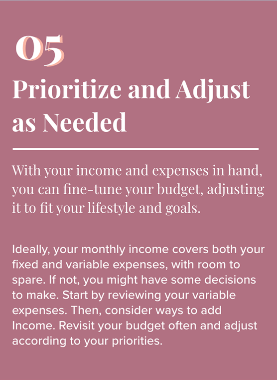 Text on red background: 5. Prioritize and Adjust as Needed. With your income and expenses in hand, you can fine-tune your budget, adjusting it to fit your lifestyle and goals. Ideally, your monthly income covers both your fixed and variable expenses, with room to spare. If not, you might have some decisions to make. Start by reviewing your variable expenses. Then, consider ways to add Income. Revisit your budget often and adjust according to your priorities.