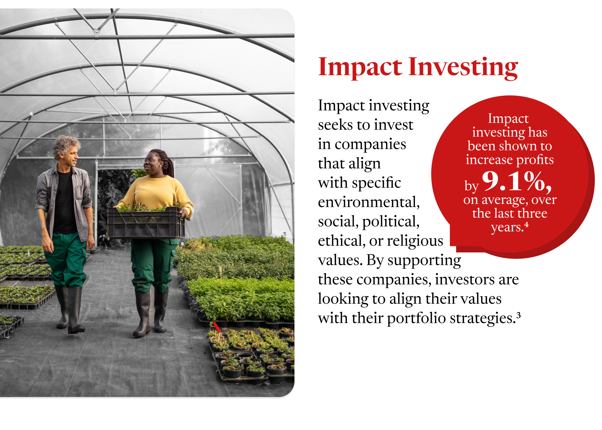 An image of a man and a woman walking through an indoor nursery is shown. She carries a large box of seedlings while they smile at one another. Next to this is the following paragraph: Impact investing seeks to invest in companies that align with specific environmental, social, political, ethical, or religious values. By supporting these companies, investors are looking to align their values with their portfolio strategies. Impact investing has been shown to increase profits by 9.1%, on average, over the last three years.