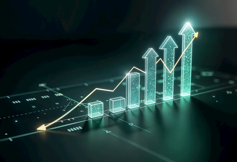 Futuristic glowing bar graph with rising arrows symbolizing financial growth and positive market trends