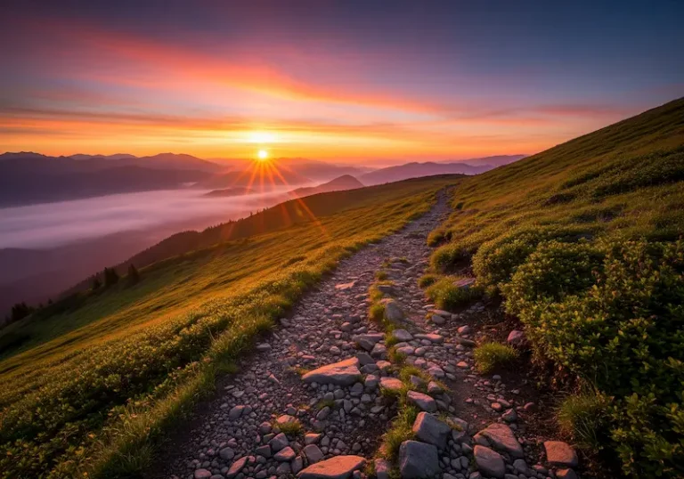 A serene mountain path bathed in the warm glow of sunrise.