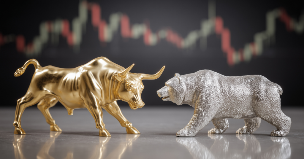 Golden bull and silver bear figurines facing each other, symbolizing bullish and bearish trends in the stock market with a blurred price chart in the background.