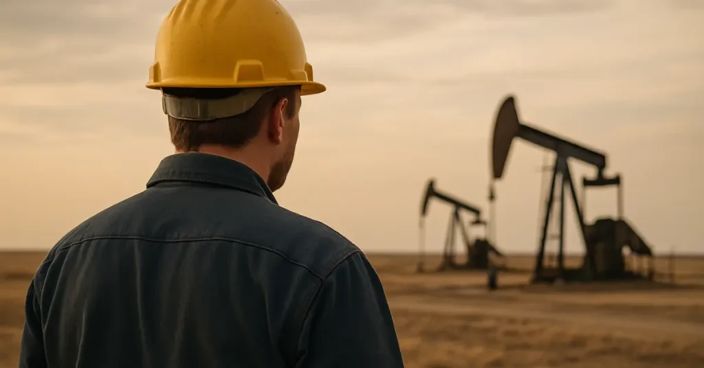 Oil field worker wearing a hard hat looking toward operating pumpjacks in a rural oil extraction field at sunset.
